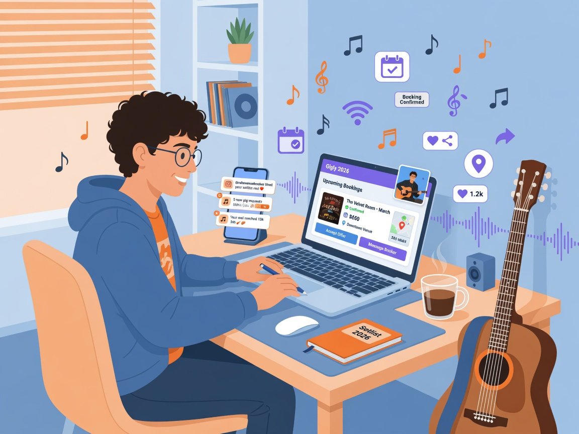 Guitarist at a laptop managing online gig booking profiles and social media accounts in 2026