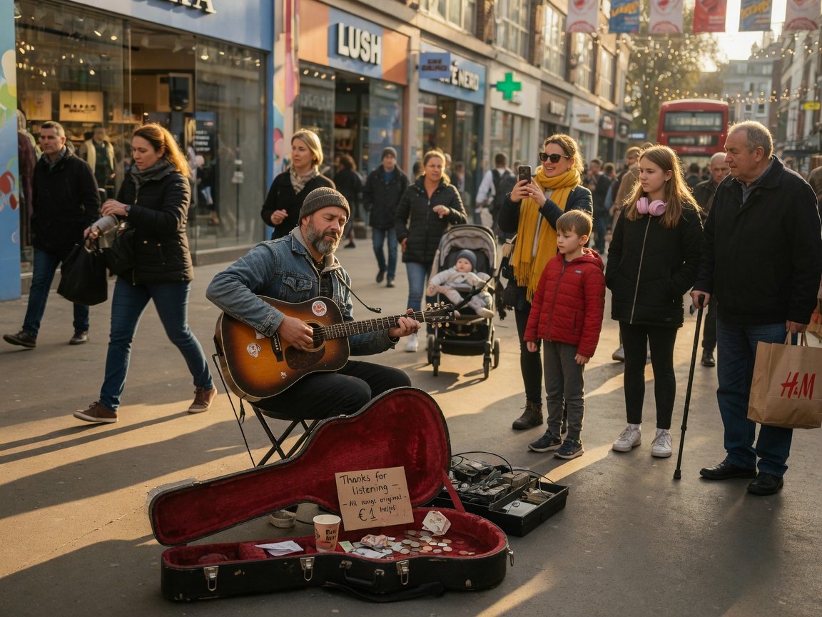 Guitarist busking on a busy pedestrian street drawing a crowd in a sunny urban setting